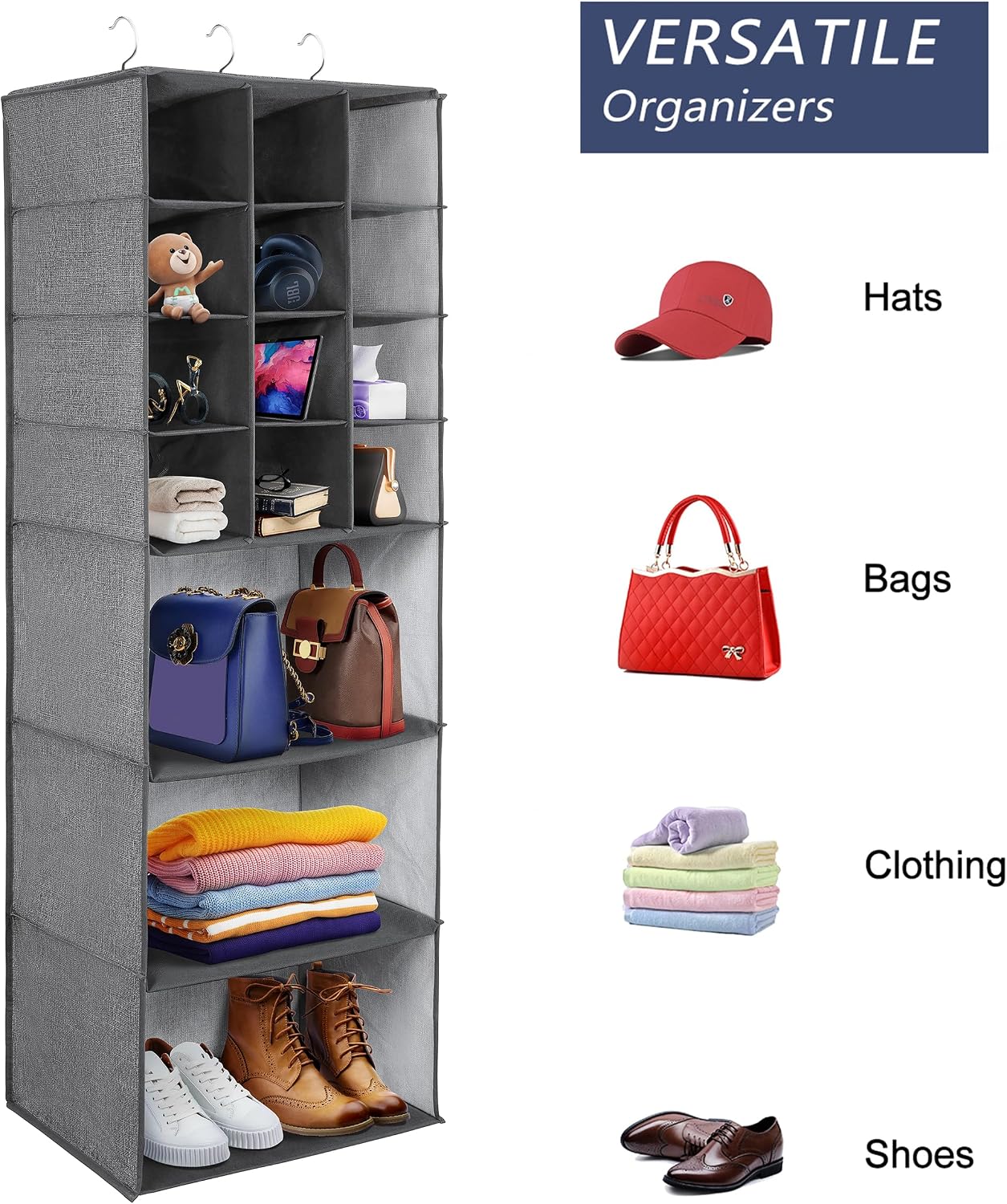 Libeder Shoe Organizer for Closet, 15 Shelf Hanging Closet Storage Shelves - 10 Shoe Rack Organizer and 5 Compartment for Clothes with 6 Side Mesh Pockets for Scarves Socks,Gloves, Grey
