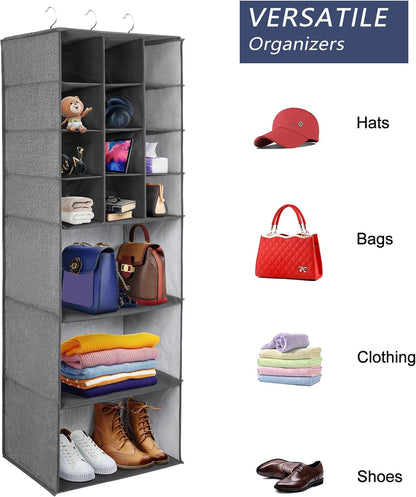 Libeder Shoe Organizer for Closet, 15 Shelf Hanging Closet Storage Shelves - 10 Shoe Rack Organizer and 5 Compartment for Clothes with 6 Side Mesh Pockets for Scarves Socks,Gloves, Grey