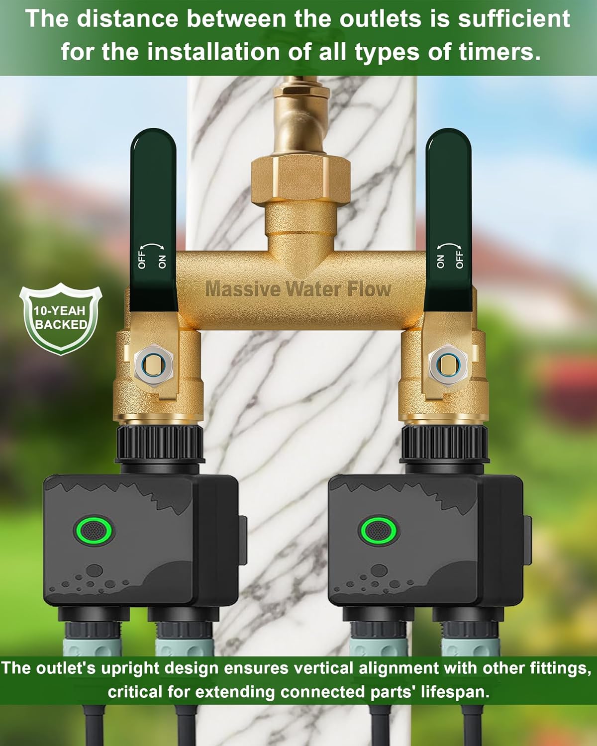 Hose Splitter 2 Way Heavy Duty, Full Flow Garden Hose Splitter with 2 Long Metal Handles, Brass Rust and Freeze Resistant Water Hose Bib Splitter, T Adapter Connector with 3/4 - Inch GHT Thread（Red）