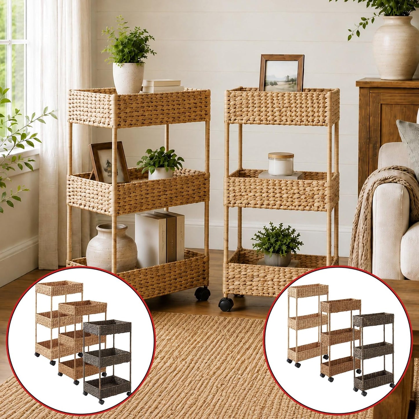 Casafield 3-Tier Rolling Storage Cart - Natural, Water Hyacinth Nursery Caddy, Utility Cart for Bathroom, Craft Room, Laundry Room Organization