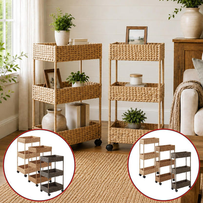 Casafield 3-Tier Rolling Storage Cart - Natural, Water Hyacinth Nursery Caddy, Utility Cart for Bathroom, Craft Room, Laundry Room Organization