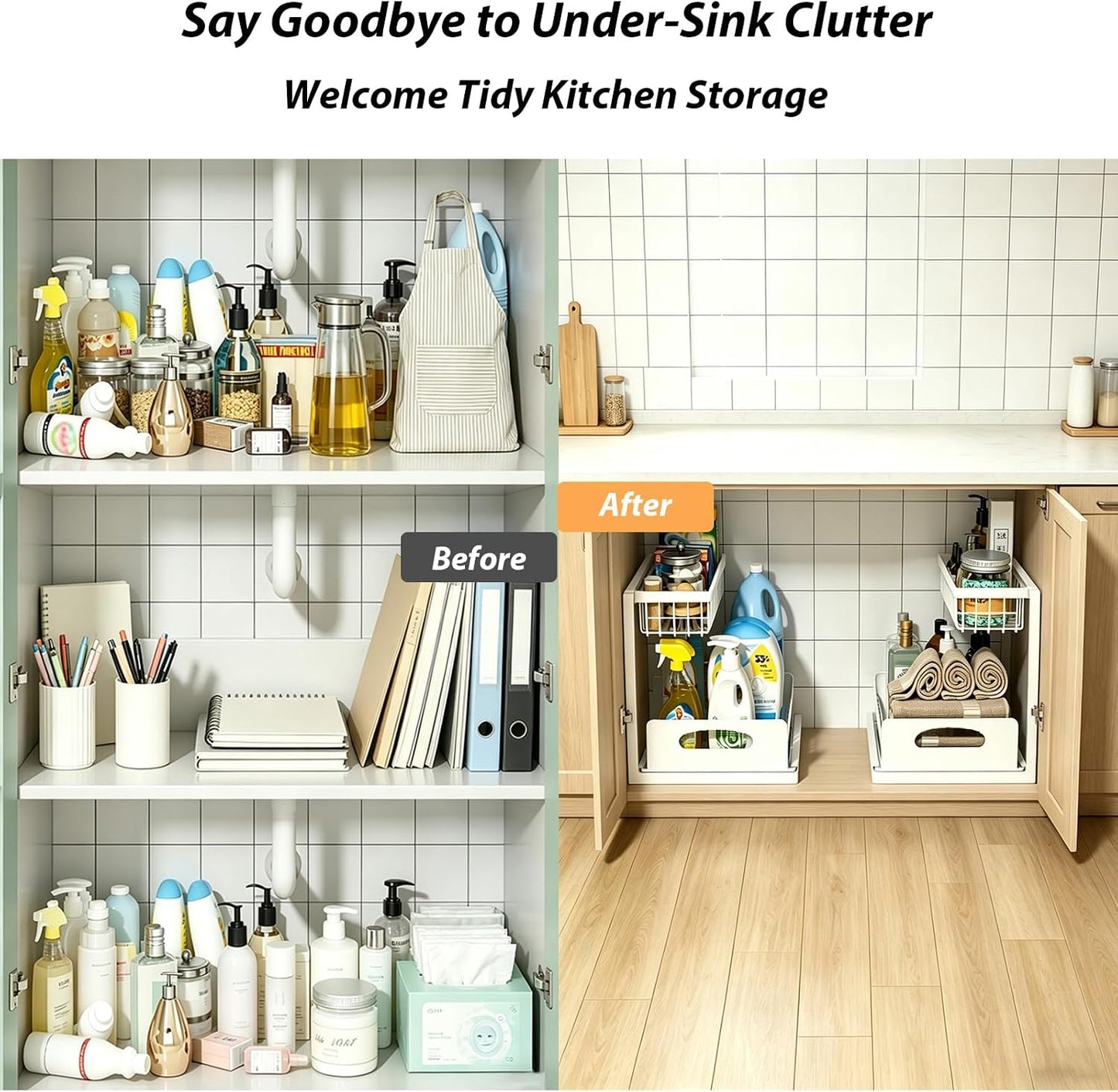 2 Pack Under Sink Organizer, 3-Tier Pull Out Kitchen Cabinet Organizer with 5 Adjustable Heights Metal Slide Out Bathroom Storage Makeup Drawer Rack for Bedroom Office Pantry Home Organization, White