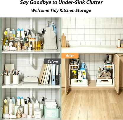 2 Pack Under Sink Organizer, 3-Tier Pull Out Kitchen Cabinet Organizer with 5 Adjustable Heights Metal Slide Out Bathroom Storage Makeup Drawer Rack for Bedroom Office Pantry Home Organization, White