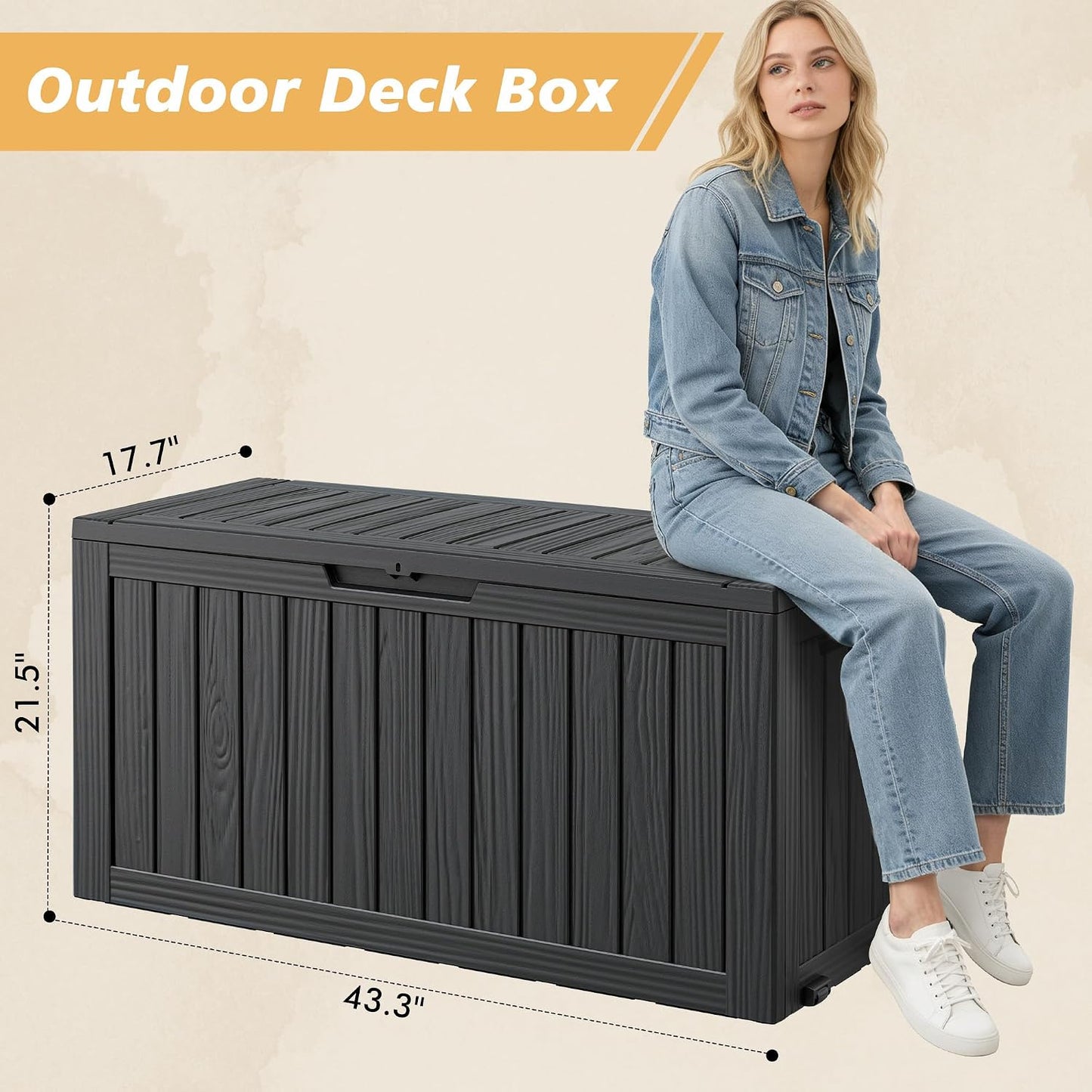 Fancyango 75 Gallon Outdoor Deck Box Waterproof, Large Storage Box for Patio, Resin Storage Bench Lockable for Garden Tools, Package Delivery, Black