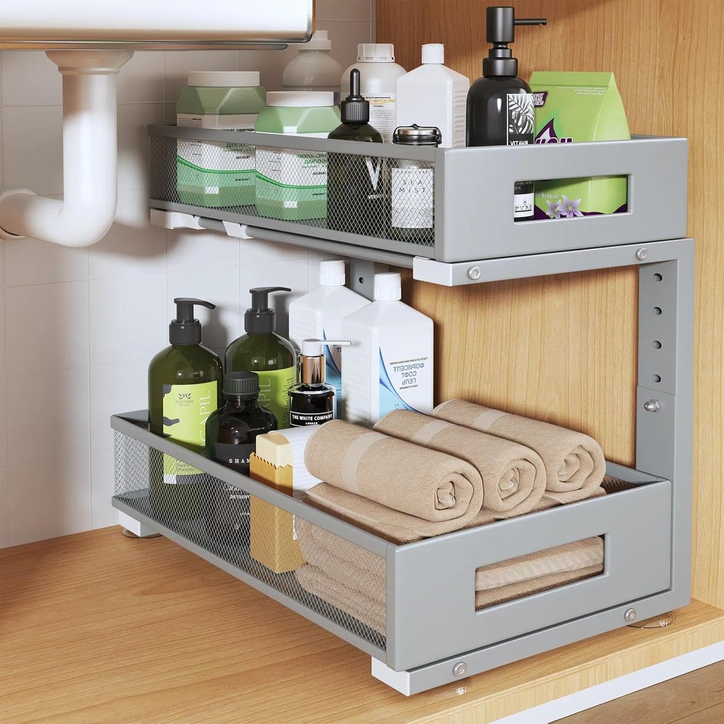 Under Sink Organizer, 2-Tier Dual Pull Out Cabinet Organizer Drawers With Smooth Circular Rail, Large Capacity Metal Mesh Sliding Shelves For Bathroom& Kitchen Storage,Height Adjustable–White,2 Packs