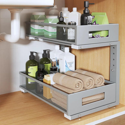 Under Sink Organizer, 2-Tier Dual Pull Out Cabinet Organizer Drawers With Smooth Circular Rail, Large Capacity Metal Mesh Sliding Shelves For Bathroom& Kitchen Storage,Height Adjustable–White,2 Packs