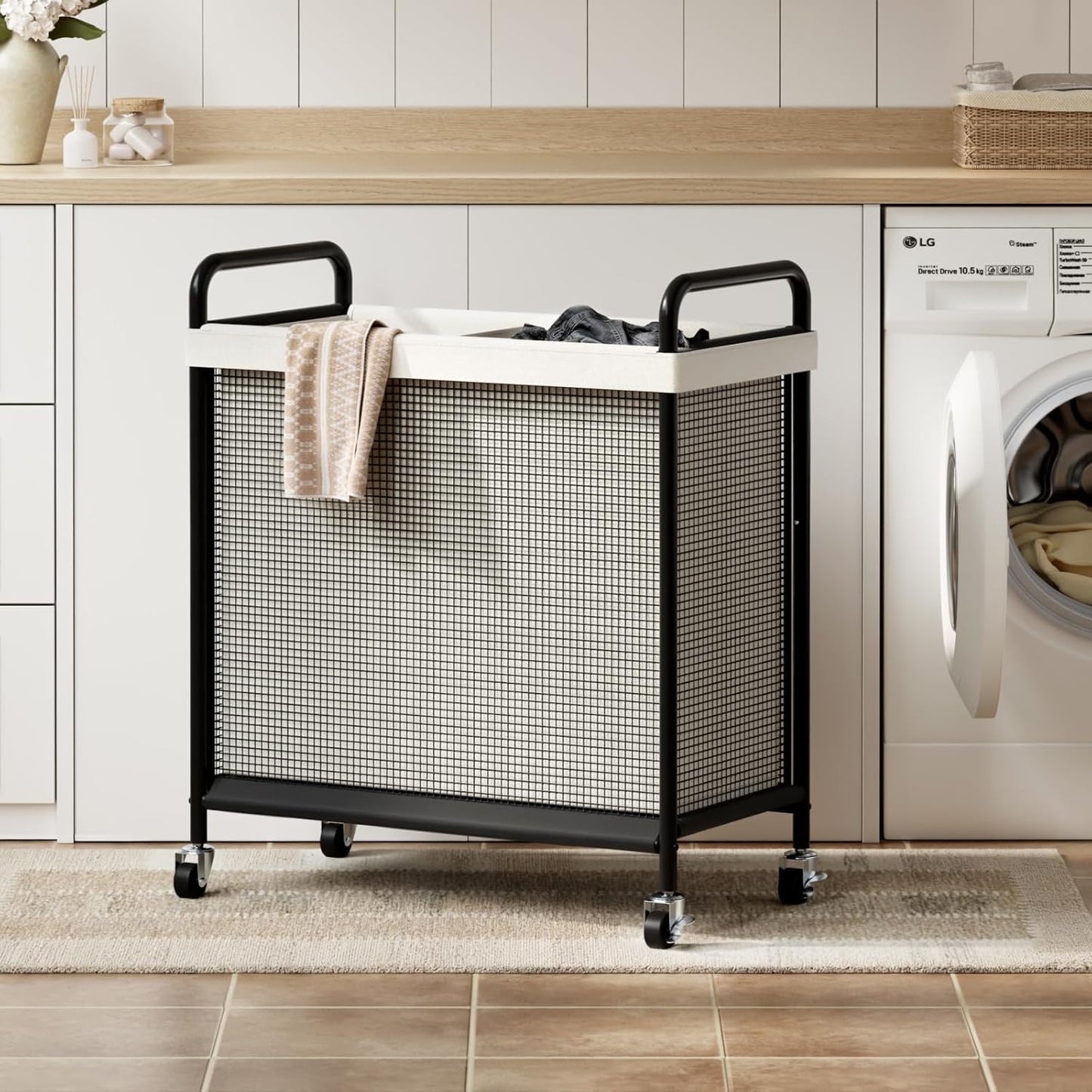 WOWLIVE Laundry Hamper 3 Section, 120L Rolling Laundry Basket with wheels and Removable Liner Bag, Laundry Sorter with Metal Handle, Large Clothes Hamper for Laundry Room, Bathroom and Dorm, Beige