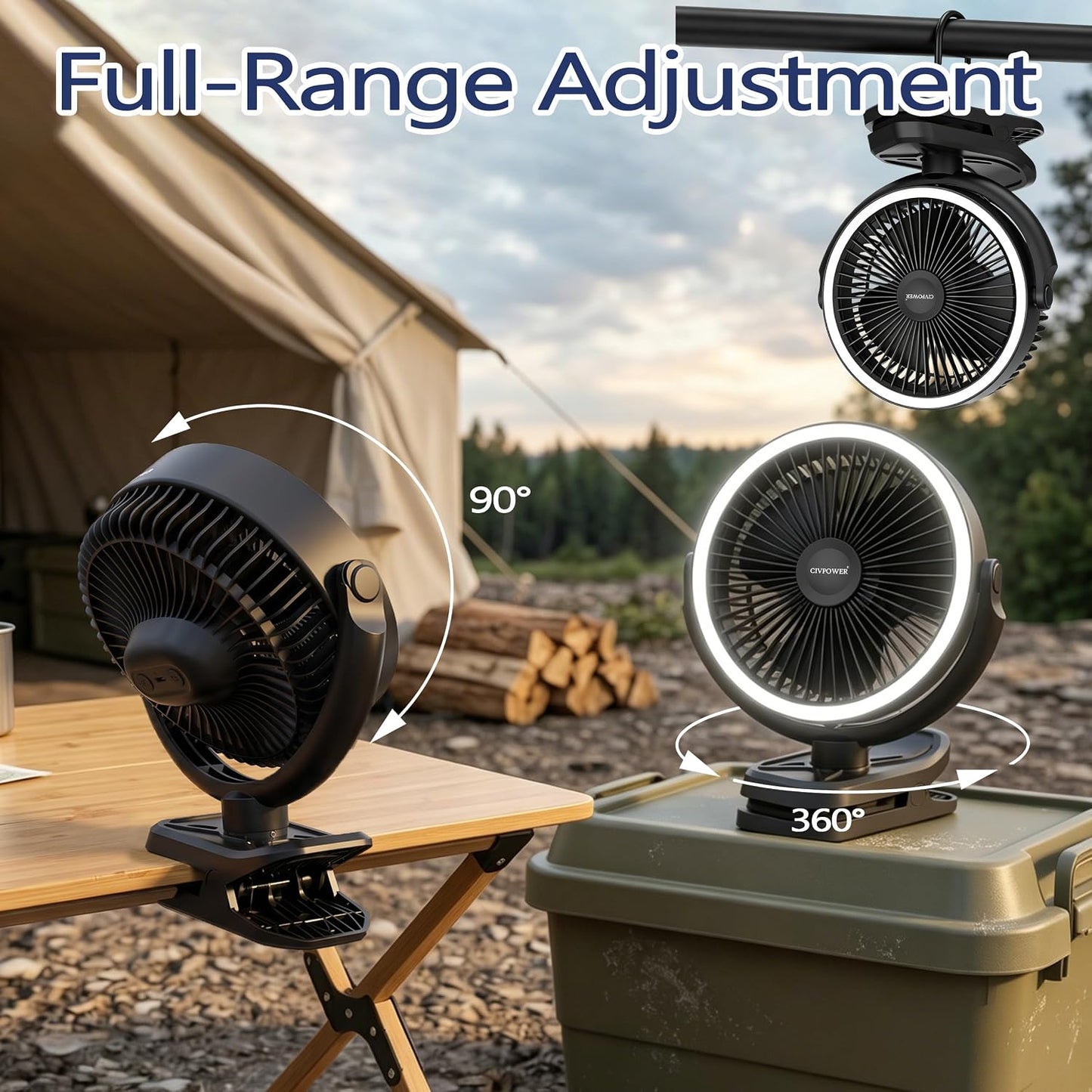 Clip on Fan 16000mAh: Portable Rechargeable Clamp Fan for Stroller Bed Camping Tent Golf Cart - Quiet Battery Operated with 3 Speed Strong Airflow LED Light Hook for Office Desk Outdoor (Black)