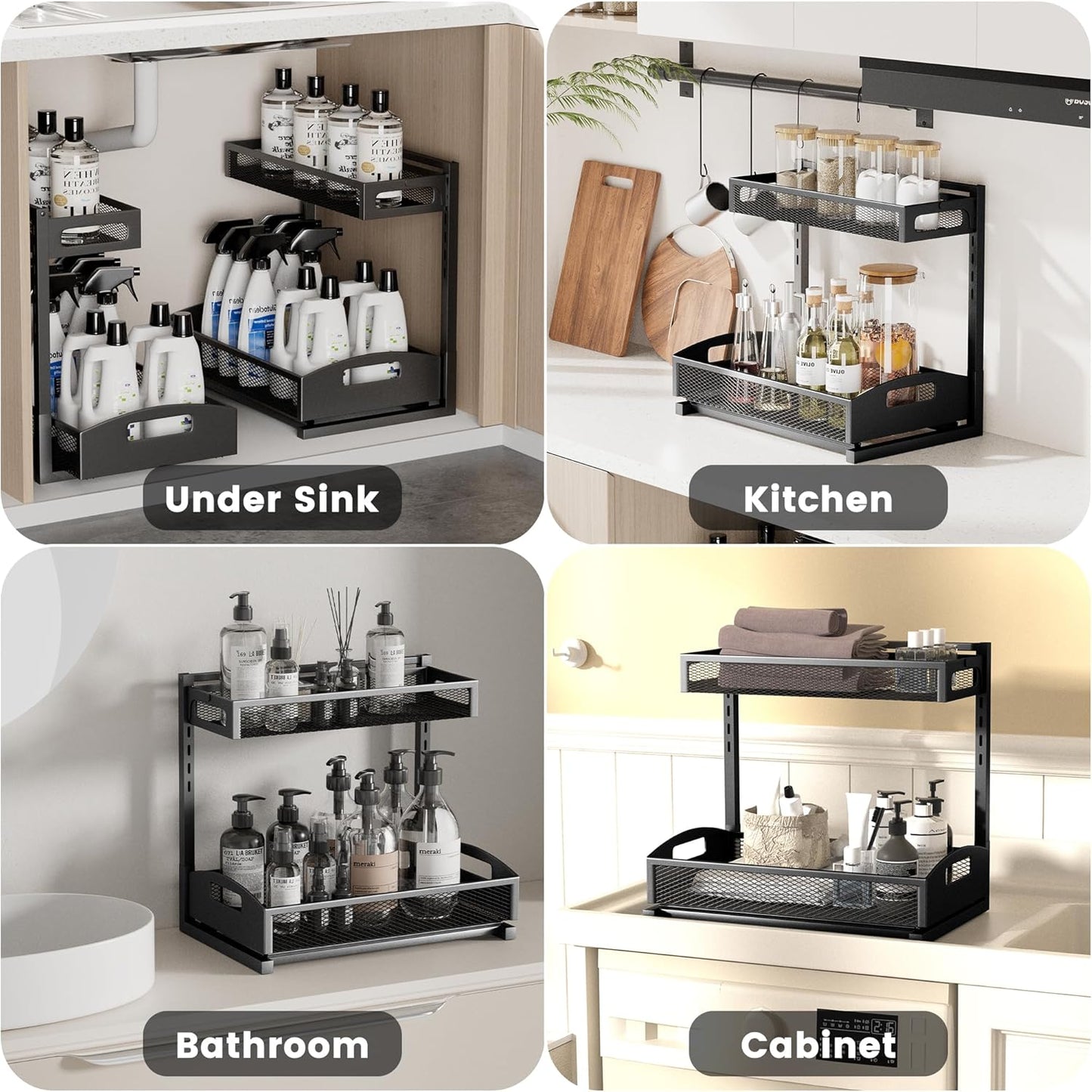 Petiza Under Sink Organizer Pull Out Cabinet Organizer Adjustable Height 2 Tier with Sliding Drawers Kitchen Bathroom Organizer and Storage(1pc)