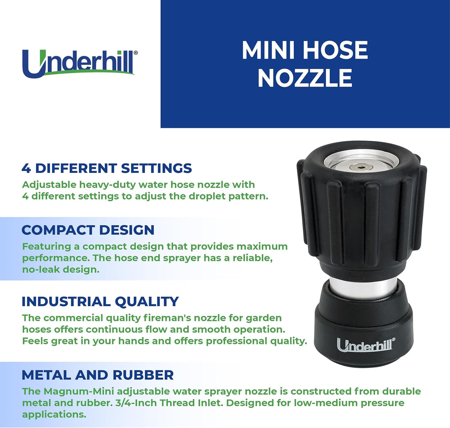 Underhill Magnum Garden Water Hose Nozzle, Sprayer, 37 GPM 80 PSI, 3/4-Inch Thread Inlet, Jet, Soak, Fan, Metal and Rubber, Adjustable, NG450