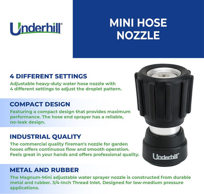 Underhill Magnum Garden Water Hose Nozzle, Sprayer, 37 GPM 80 PSI, 3/4-Inch Thread Inlet, Jet, Soak, Fan, Metal and Rubber, Adjustable, NG450
