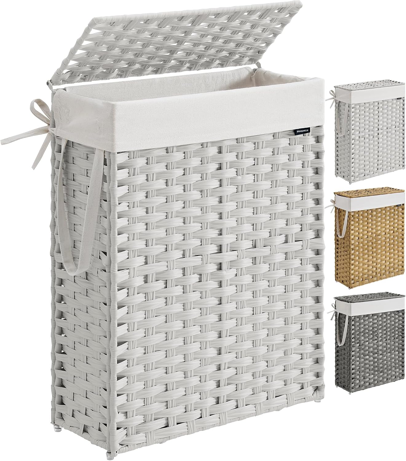 SONGMICS Laundry Hamper with Lid, 23.8 Gallon (90 L) Synthetic Rattan Clothes Laundry Basket with Lid and Handles, Foldable, Removable Liner, Chestnut Brown ULCB051K02