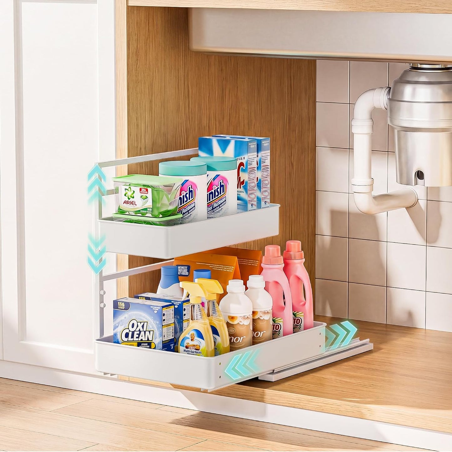EVERIE Height Adjustable 2 Tier Metal Pull Out Slide Shelf Organizer for Under Sink Cabinets in Kitchen, Bathroom, with Snap-on Top Tray, 16" Deep (Black, 2 Sets) | Pull Out