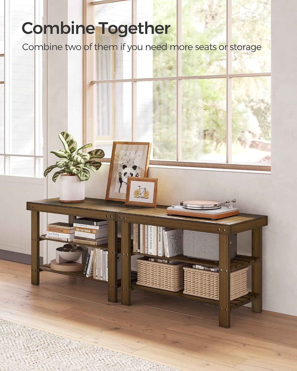 SONGMICS Shoe Rack Bench, 3-Tier Bamboo Shoe Storage Organizer, Entryway Bench, Holds Up to 286 lb, 11.3 x 27.6 x 17.8 Inches, for Entryway Bathroom Bedroom, Ink Black ULBS04H