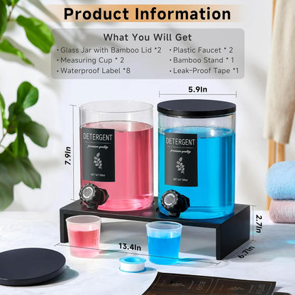 Glass Laundry Detergent Dispenser with Shelf & Bamboo Lid - 120 Oz Liquid Detergent, Laundry Soap & Fabric Softener Dispenser for Laundry Room Organization and Storage with 2 Cups & 8 Labels