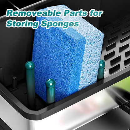 Ewaiira Stainless Steel Sink Caddy, Sponge Holder for Kitchen Sink with Brush Holder and Towel Rack, Sink Organizer for Countertop, Soap Dispenser Kitchen Organizers Storage Essentials (A-Black)