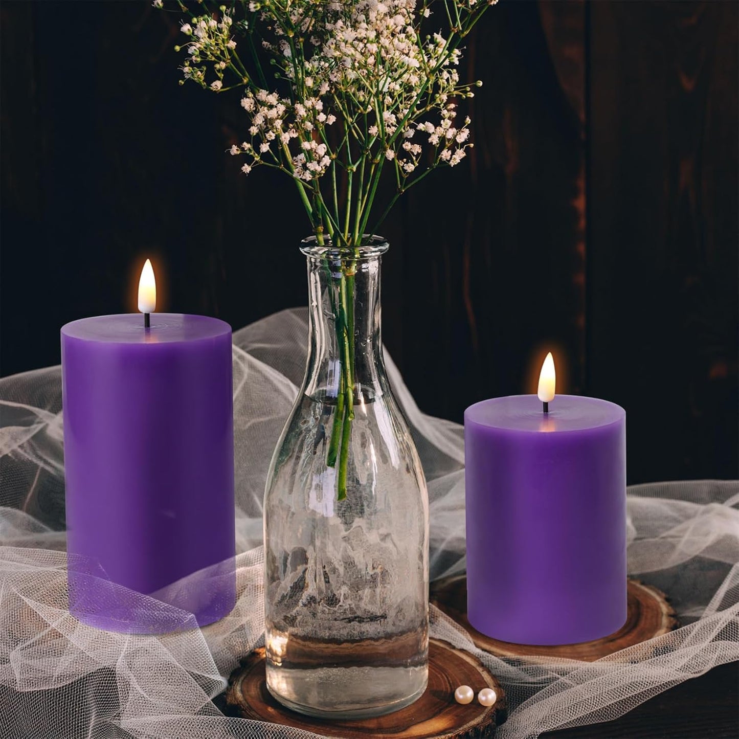 Black Flameless Pillar Candles with Remote, Flickering LED Wax Candles Battery Operated Set of 3