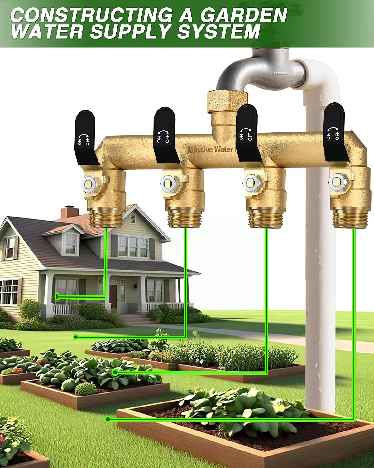 4 Way Hose Splitter, Heavy Duty Full Flow Garden Water Hose Bib Spigot Splitter, Brass Rust and Freeze Resistant Outdoor Faucet Splitter, T Adapter Connector with 3/4 - Inch GHT Thread （Black）