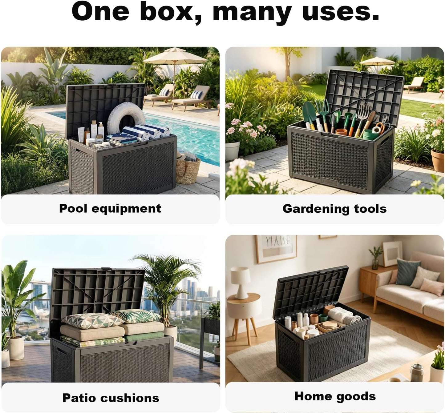 PatioZen 100 Gallon Resin Deck Box, Lockable Patio Outdoor Storage Box for Furniture, Garden Tools and Tools Storage, Waterproof Outside Storage Boxes - Black