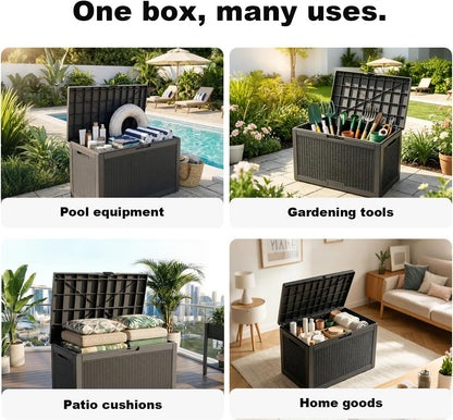 PatioZen 100 Gallon Resin Deck Box, Lockable Patio Outdoor Storage Box for Furniture, Garden Tools and Tools Storage, Waterproof Outside Storage Boxes - Black