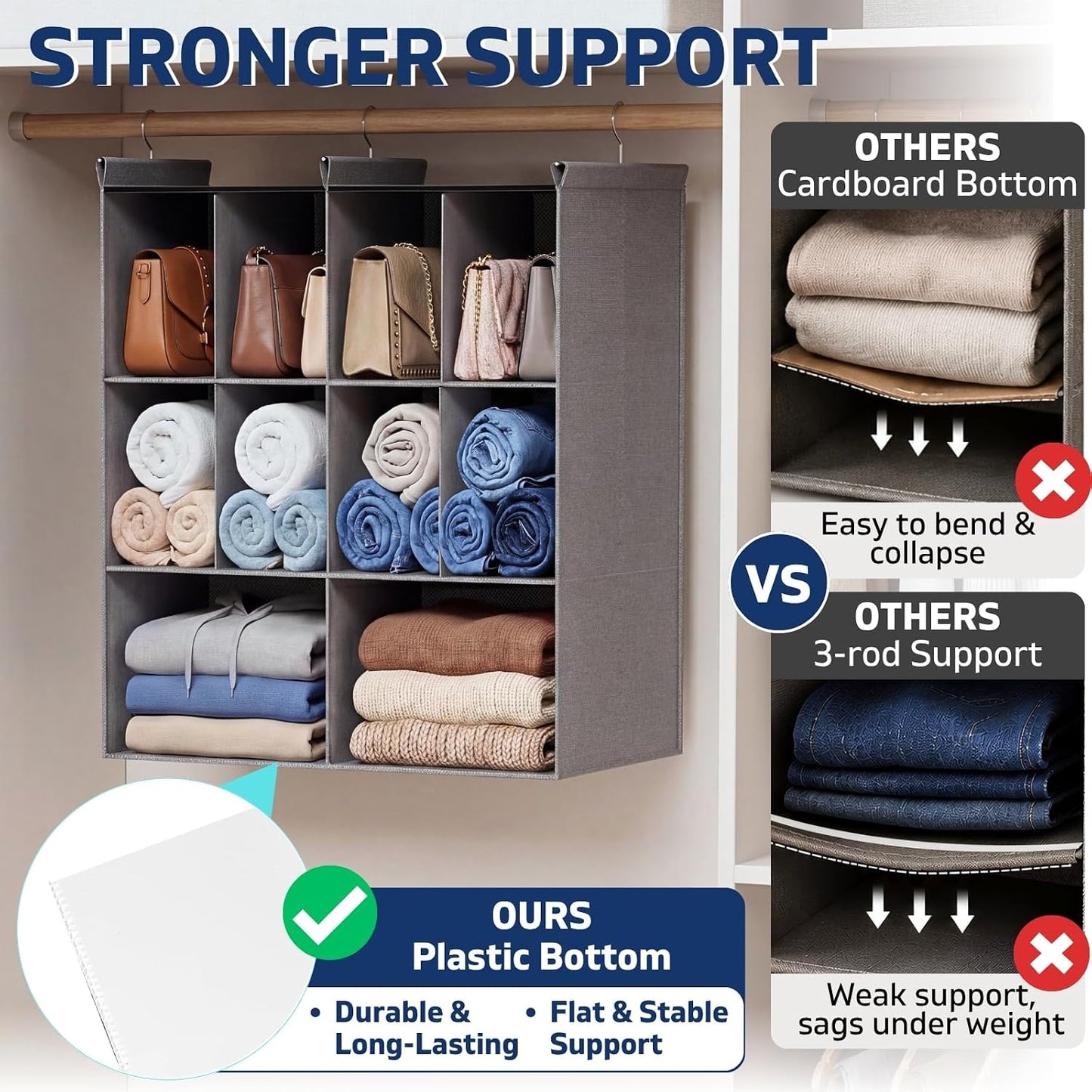 Ofiray-home 6 Tier Hanging Closet Organizer, 16 Compartments Sweater Organizer for Closet with 3 Sturdy Hooks, Closet Organizers and Storage, Wardrobe, Rv, Garment Rack, Grey