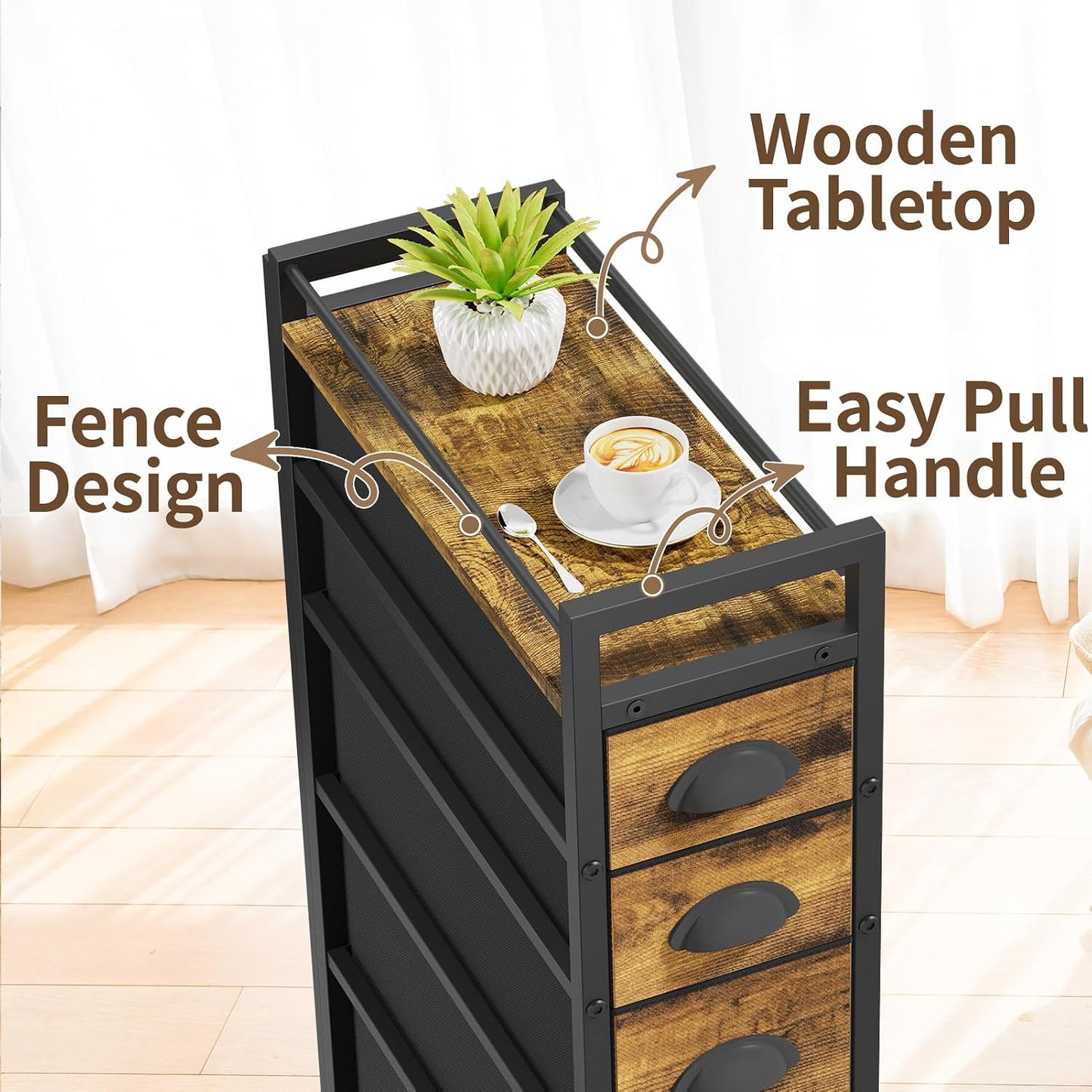 LASZOLA 5 Drawer Narrow Dresser Slim Cabinet Skinny Storage Tower Chest, Ideal for Small Spaces Bathroom, Between Washer and Dryer, Lightweight Mobile on Wheels, Sturdy Fabric Drawers, Black