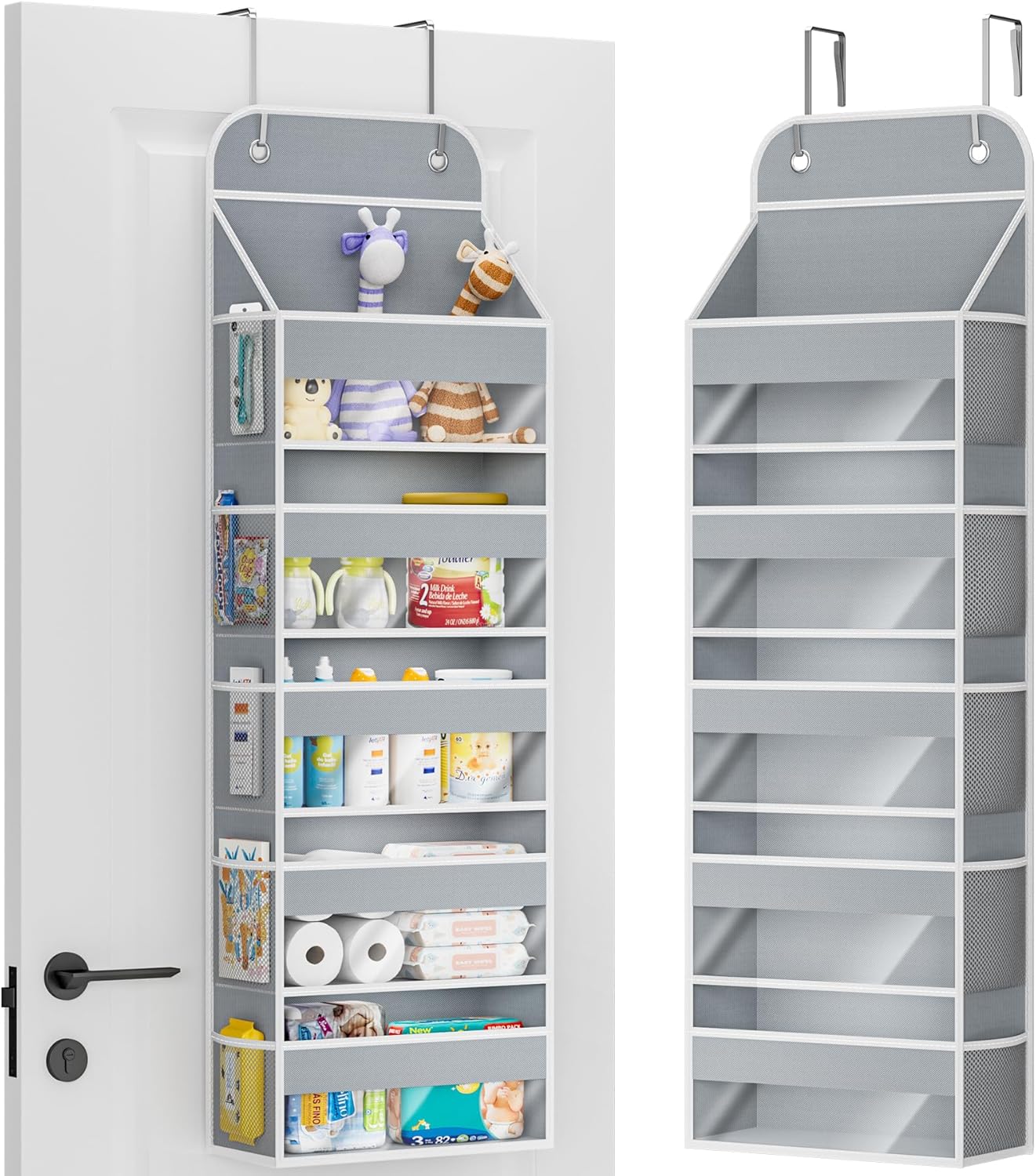 COOLBEBE 2-Pack over the Door Organizer, 5-Tier Hanging Storage with Clear Windows & Mesh Side Pockets, Heavy-Duty Nursery Closet Organizer for Baby Essentials, Bathroom, Bedroom, Grey