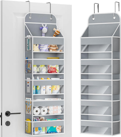 COOLBEBE 2-Pack over the Door Organizer, 5-Tier Hanging Storage with Clear Windows & Mesh Side Pockets, Heavy-Duty Nursery Closet Organizer for Baby Essentials, Bathroom, Bedroom, Grey