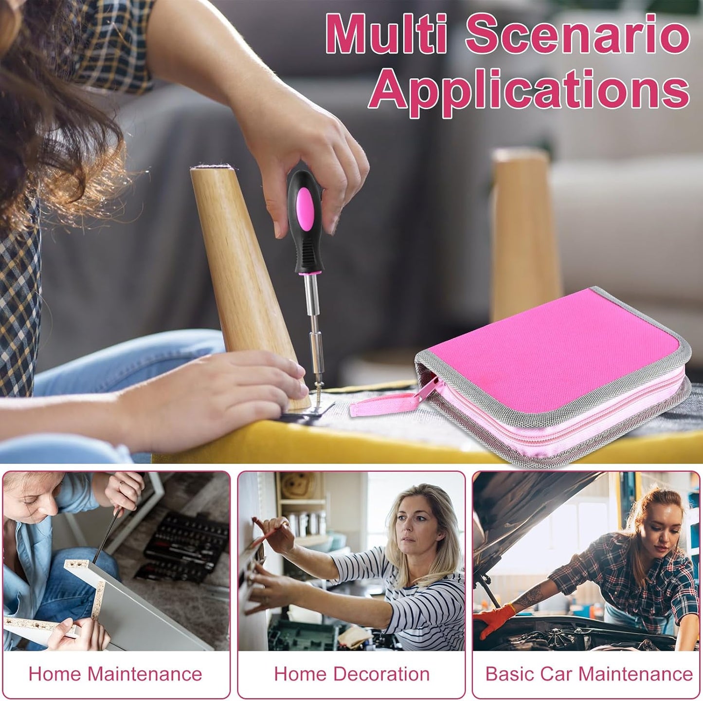 23Pcs Pink Tool Set for Women, Home Repairing Tools Kit Women, Multifunctional Pink Home Hand Tool Set with Storage Bag, Portable Women Repair Tool Combination Set