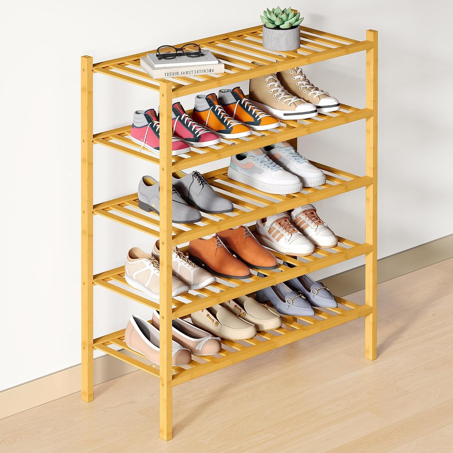 Smiry Bamboo Shoe Rack for Closet, 3 Tier Wooden Shoe Organizer, Stackable Wood Shoe Storage Shelf for Entryway, 14 Vertical Slats, One-piece Heavy-Duty Legs, 26.77"x11.02"x18.31", Natural