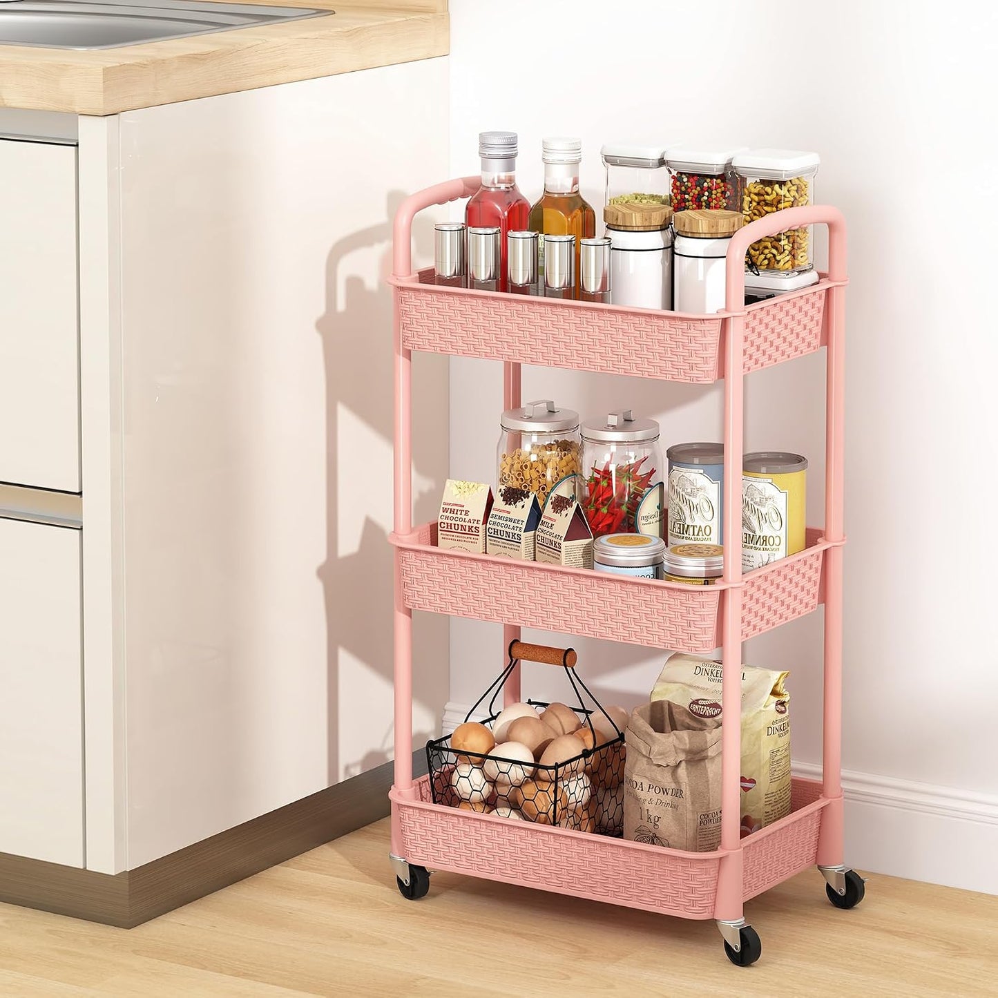 MOYIPIN 3-Tier Plastic Rolling Utility Cart with Handle,Utility Storage Cart for Office, Living Room, Kitchen,Movable Storage Organizer Shelves,White