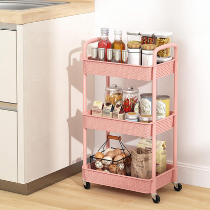 MOYIPIN 3-Tier Plastic Rolling Utility Cart with Handle,Utility Storage Cart for Office, Living Room, Kitchen,Movable Storage Organizer Shelves,White
