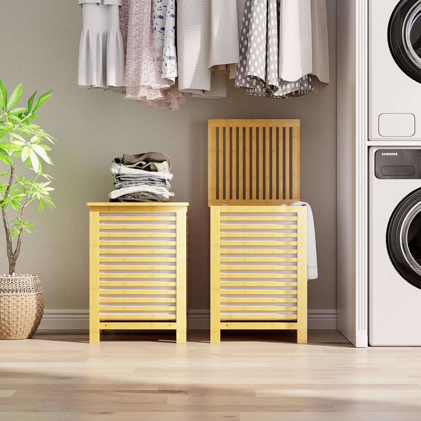 SMIBUY Double Laundry Hamper with Lid, 120L Bamboo Laundry Basket with Removable Liner Bag, 2-Section Clothes Divider Laundry Sorter for Laundry Room, Bathroom, Bedroom (Walnut)