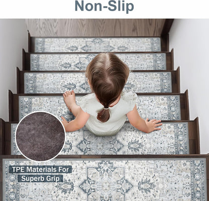 sarben Non Slip Stair Treads for Wooden Steps 15PCS - 8"x30" Indoor Safety Carpet, Edging Mats with TPE Adhesive Backing, Pet and Elderly Friendly Stair Rugs (Taupe) - Colors A