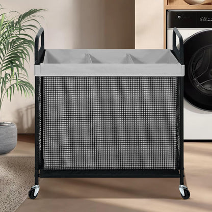 STO STO Laundry Hamper 3 Section, 120L Rolling Laundry Sorter Cart with Removable and Washable Liner Bag, Clothes Hamper with Wheels and Metal Handle for Laundry Room and Bedroom