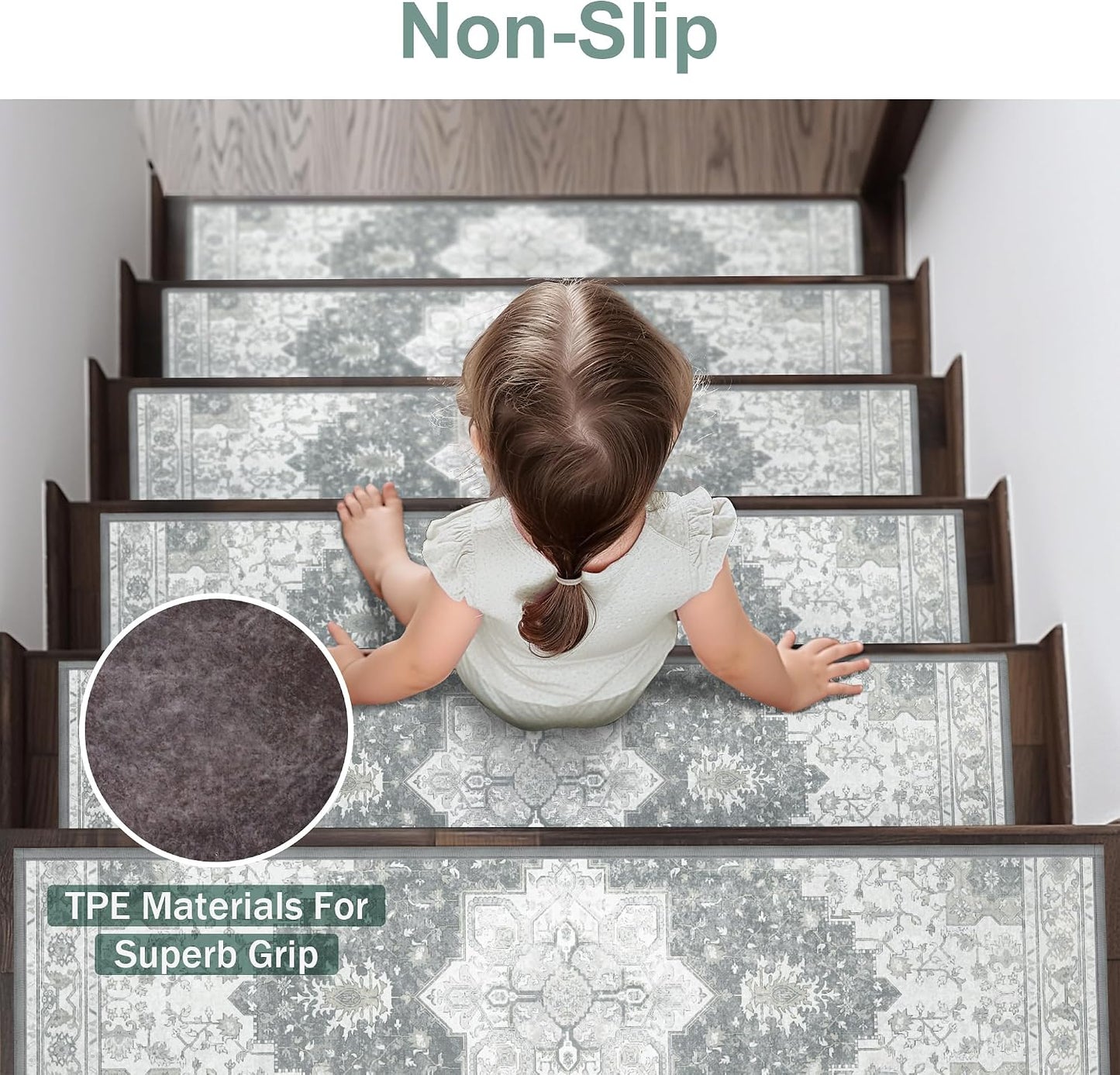 sarben Non Slip Stair Treads for Wooden Steps 15PCS - 8"x30" Indoor Safety Carpet, Edging Mats with TPE Adhesive Backing, Pet and Elderly Friendly Stair Rugs (Taupe) - Colors A