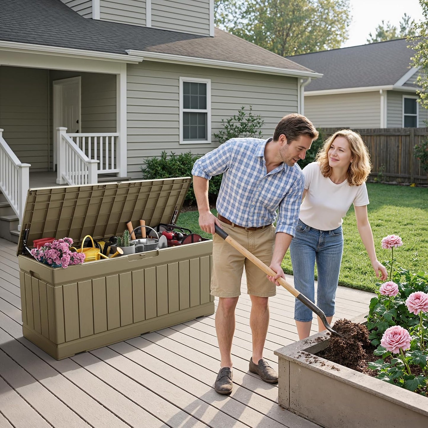 Flamaker Outdoor Storage Box 80 Gallon Resin Waterproof Deck Box Delivery Box with Wood Texture Large Storage Bin for Patio Cushions, (Grey)