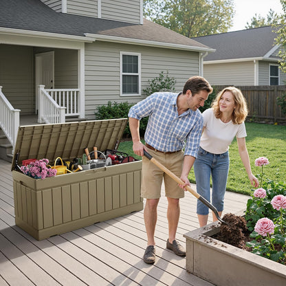 Flamaker Outdoor Storage Box 80 Gallon Resin Waterproof Deck Box Delivery Box with Wood Texture Large Storage Bin for Patio Cushions, (Grey)