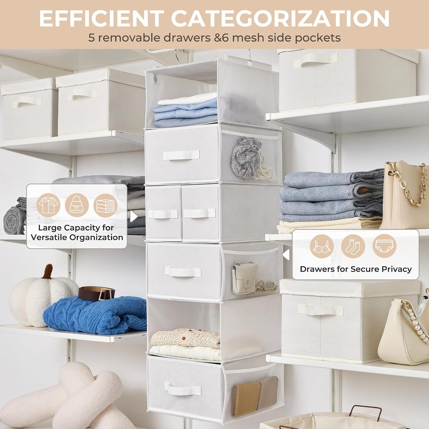 GRANNY SAYS Hanging Closet Organizer 6 Shelves, Closet Organizers and Storage with 5 Drawers, 6 Side Pockets Closet Hanging Organizer, Hanging Storage Organizer for Closet, Baby Clothes, Gray