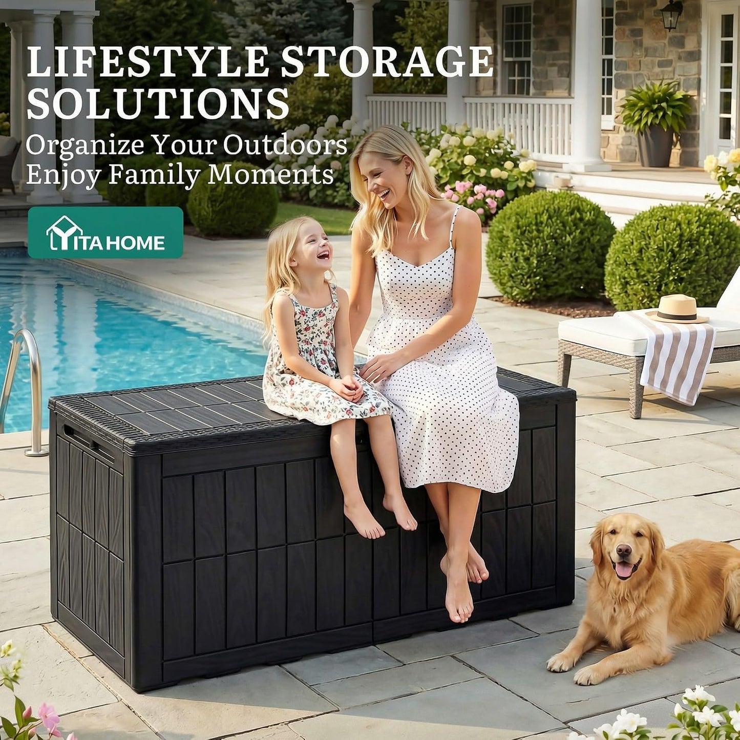 YITAHOME 134 Gallon Large Deck Box | Waterproof Resin Outdoor Storage Box with Lock, Doubles as 2-Person Bench Seating for Patio Furniture Cushions,Garden Tools &