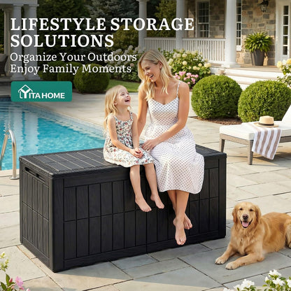 YITAHOME 134 Gallon Large Deck Box | Waterproof Resin Outdoor Storage Box with Lock, Doubles as 2-Person Bench Seating for Patio Furniture Cushions,Garden Tools &
