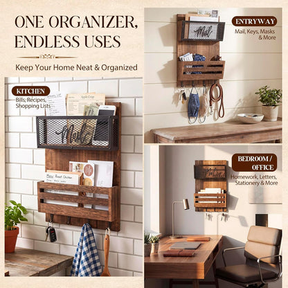 Yalikop Farmhouse Mail Organizer Wall Mounted Rustic Mail Holder Hanging Key Sorter with 3 Hooks Indoor Wooden Wall Mounted, Letter, Magazines, Newspapers, Keys(Classics,Brown)