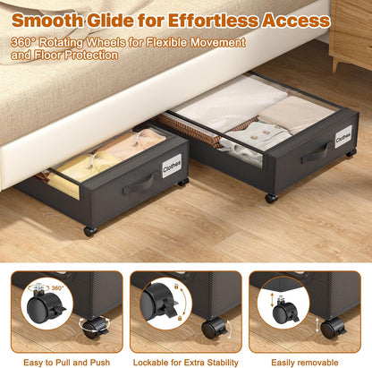 Under Bed Storage with Wheels,XXL 60L Under Bed Storage Containers with Clear Lids, Rolling Under Bed Metal Drawer for Clothes, Shoes,Toys(Gray, 2 Pack)
