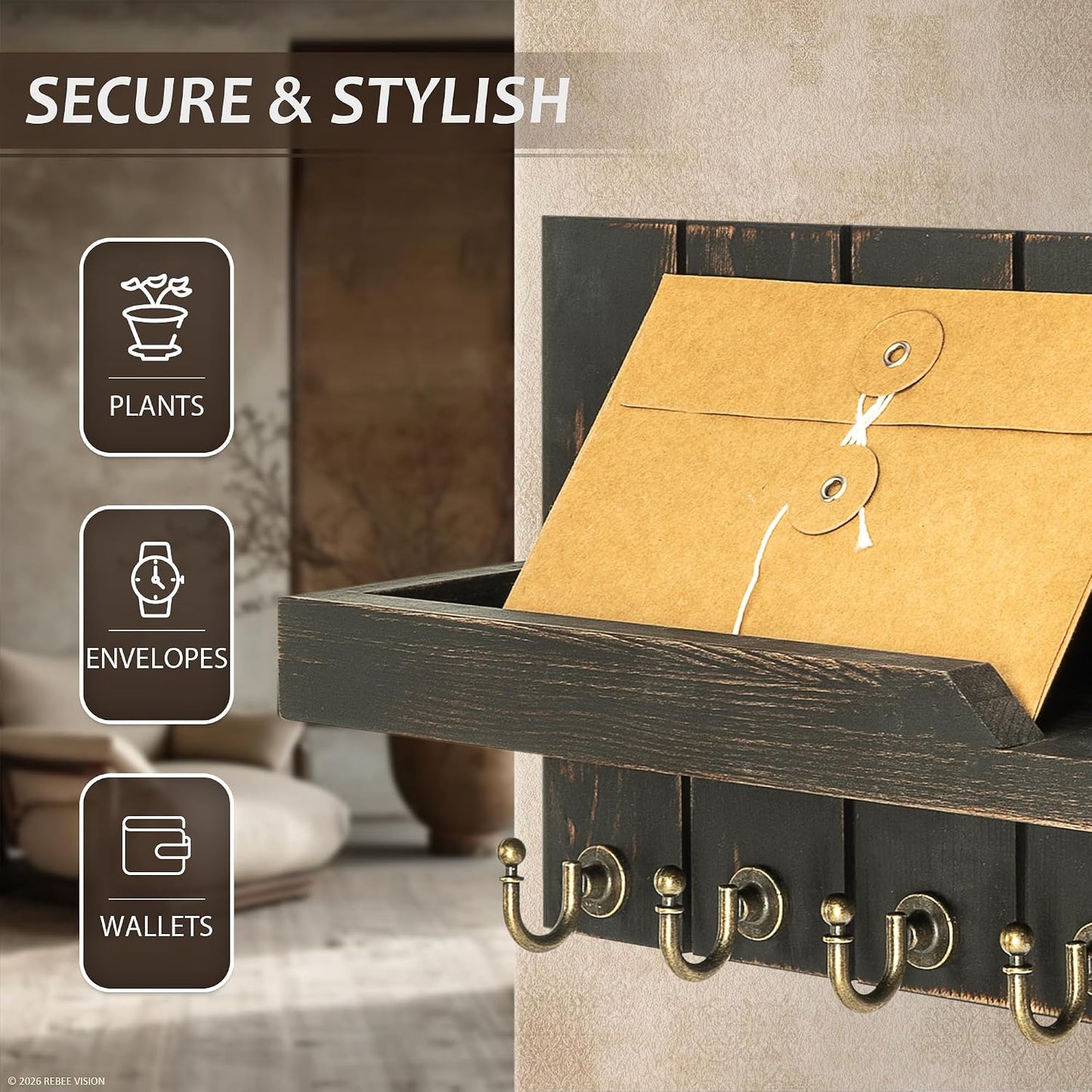 Rebee Vision Decorative Key Holder Wall Mount - Rustic Key Holder for Wall with Shelf and Mail Organizer for Living Room Decor - Home Essentials for Home Improvement (Brown, 3.54" x 10" x 7.28")