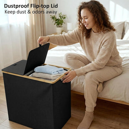 efluky Laundry Hamper with Lid, Trio Laundry Basket with 2 Removable Bags, 3 Section Laundry Bin with Bamboo Handles for Bathroom, Bedroom & Laundry Room, 160L (42.3 Gallon) Beige