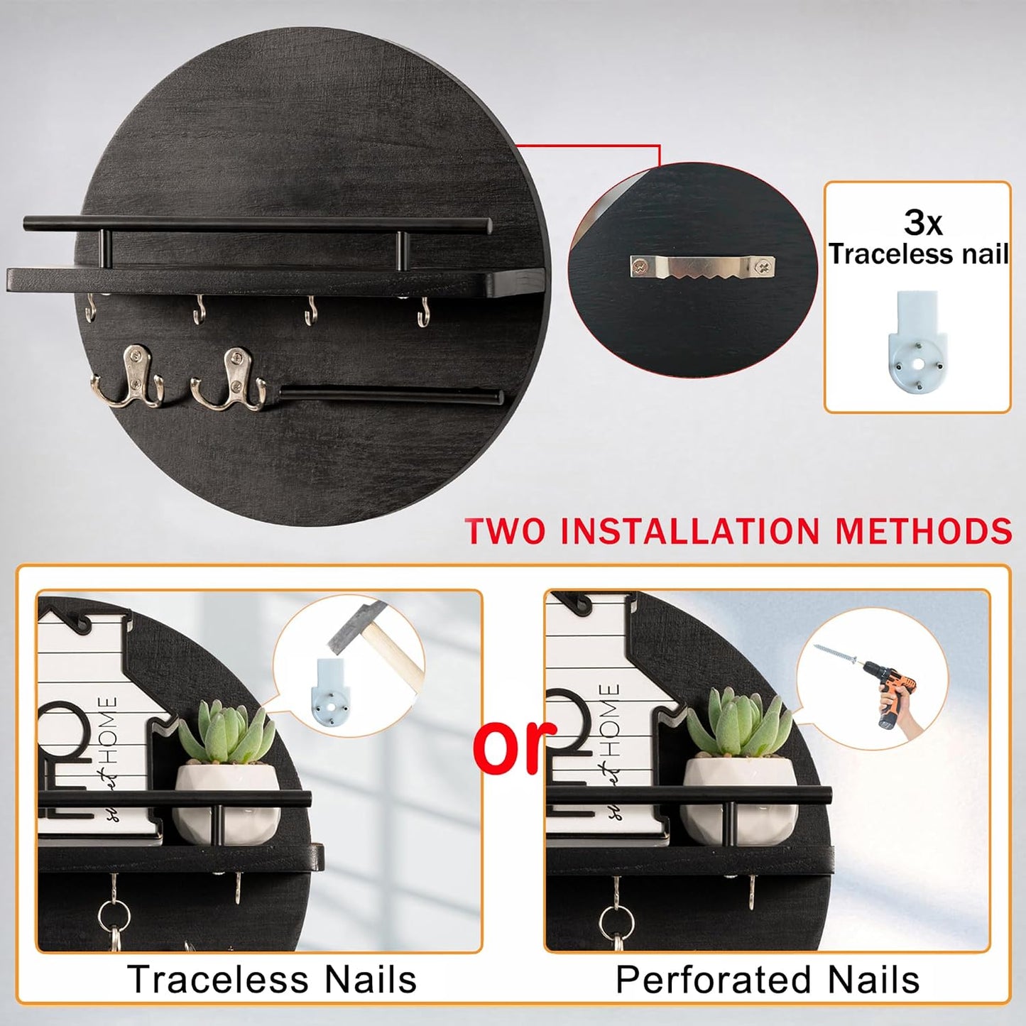 dreampossible Key Holder for Wall Decorative with Shelf and Hooks, Mail Organizer Wall Mount, Circular Design Entryway Key Rack Hanger, Rustic Home Decor (Black)