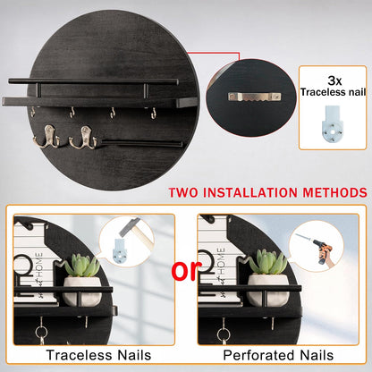 dreampossible Key Holder for Wall Decorative with Shelf and Hooks, Mail Organizer Wall Mount, Circular Design Entryway Key Rack Hanger, Rustic Home Decor (Black)