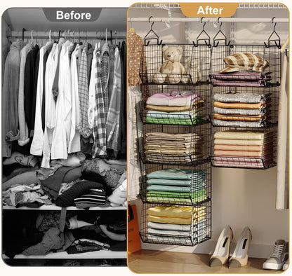 X-cosrack 6 Tier Closet Hanging Organizer, Clothes Hanging Shelves with 4 Hanging Hooks 5 S Hooks, Wire Storage Basket Bins, for Clothing Sweaters Shoes Handbags Clutches Accessories Patent