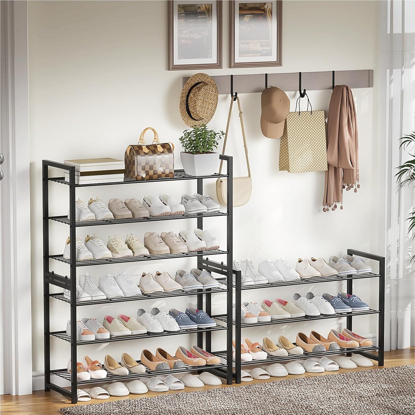 Stackable Shoe Rack, 6 Tier Metal Shoes Rack Storage Organizer,Large Capacity Shoe Shelf Max Holds 30 Pairs of Shoes,Sturdy and Stable, for Closet, Entryway,Garage，Black