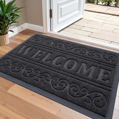 OLANLY Front Door Mat Outside Entrance 29.5x17, Absorbent, Heavy Duty Sturdy Natural Rubber Doormat Indoor Outdoor, Stain and Fade Resistant, Non-Slip Backing Low Profile Floor Mat for Entryway, Grey